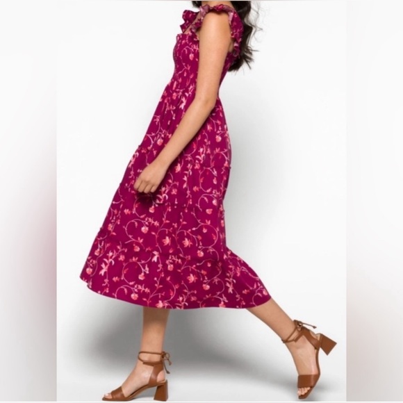 Hill House NWT Ellie Nap Midi Flutter Sleeve Dress Burgundy Botanical XS-M - Picture 4 of 9